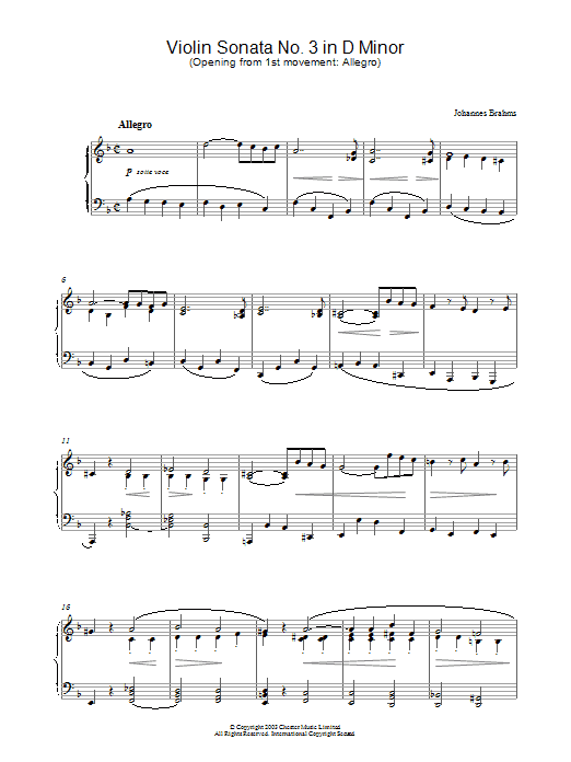 Johannes Brahms Violin Sonata No. 3 in D Minor (Opening from 1st movement: Allegro) Sheet Music Notes & Chords for Piano - Download or Print PDF