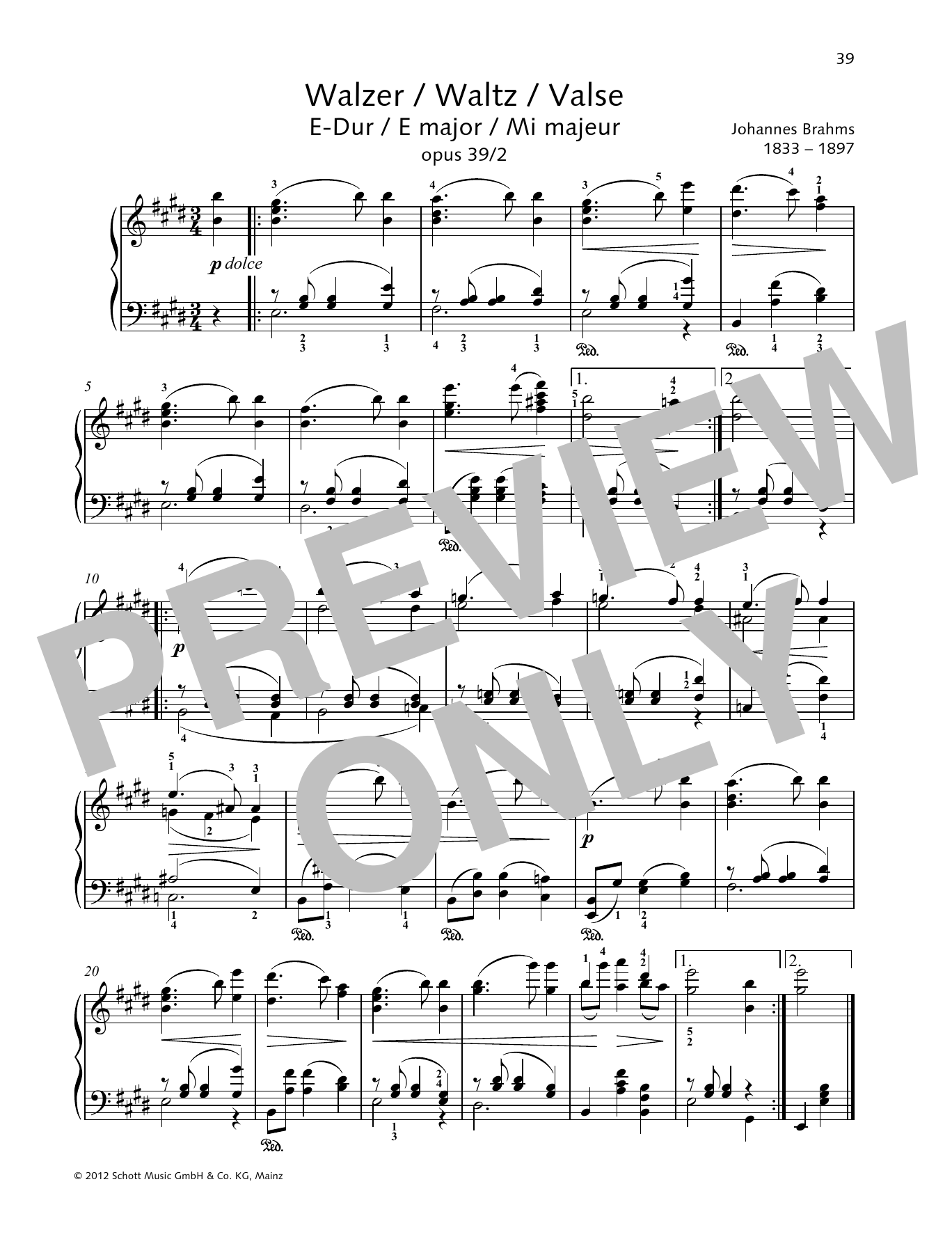 Johannes Brahms Waltz E major Sheet Music Notes & Chords for Piano Solo - Download or Print PDF