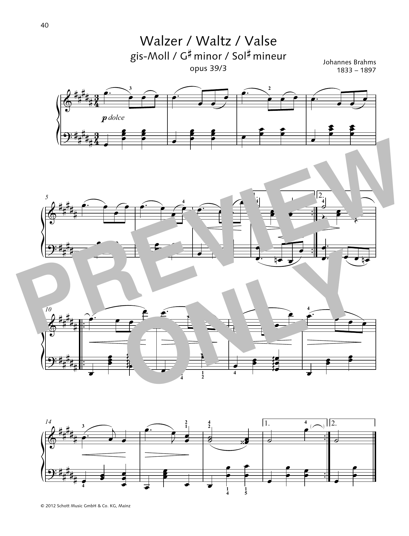 Johannes Brahms Waltz G-sharp minor Sheet Music Notes & Chords for Piano Solo - Download or Print PDF