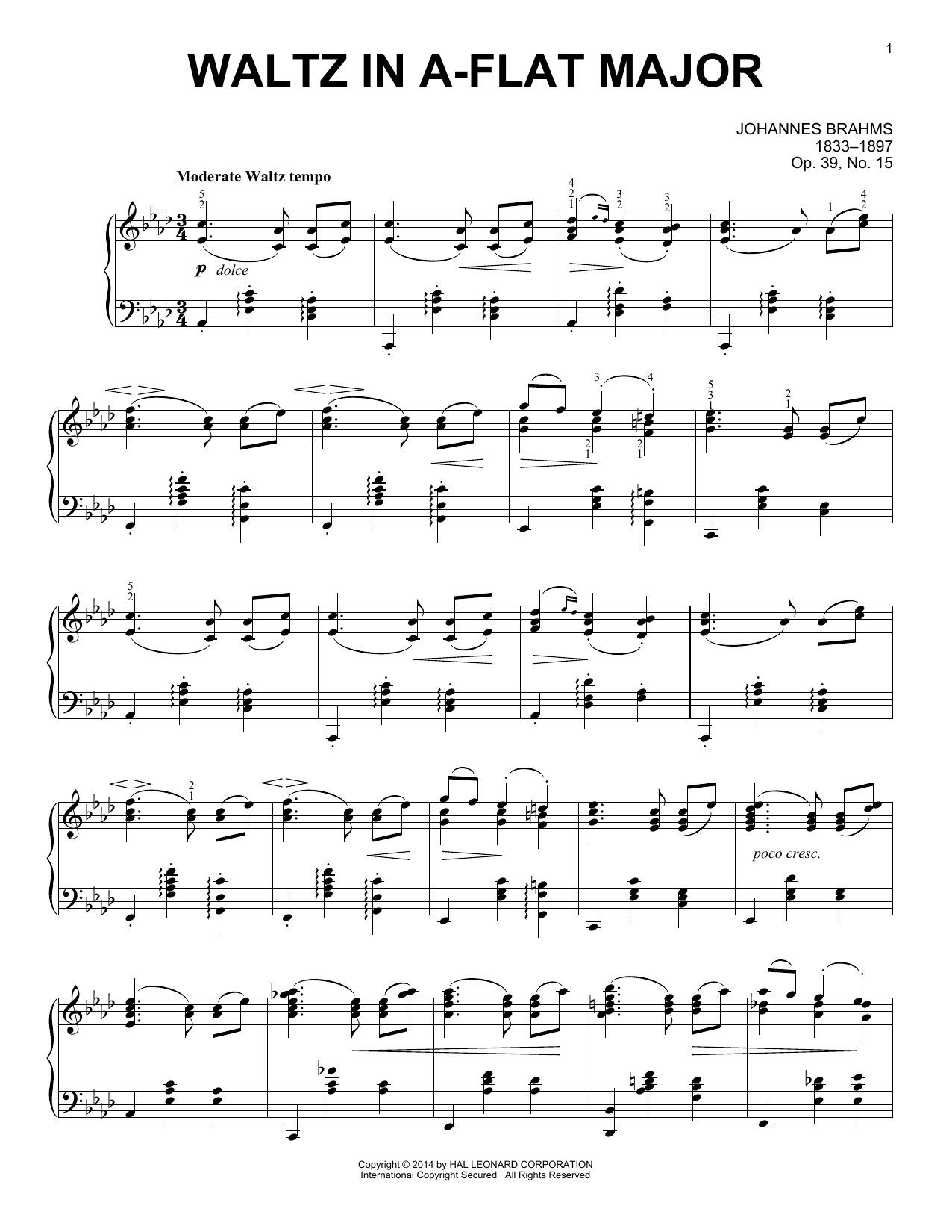Johannes Brahms Waltz In A-Flat Major, Op. 39, No. 15 Sheet Music Notes & Chords for Piano Solo - Download or Print PDF