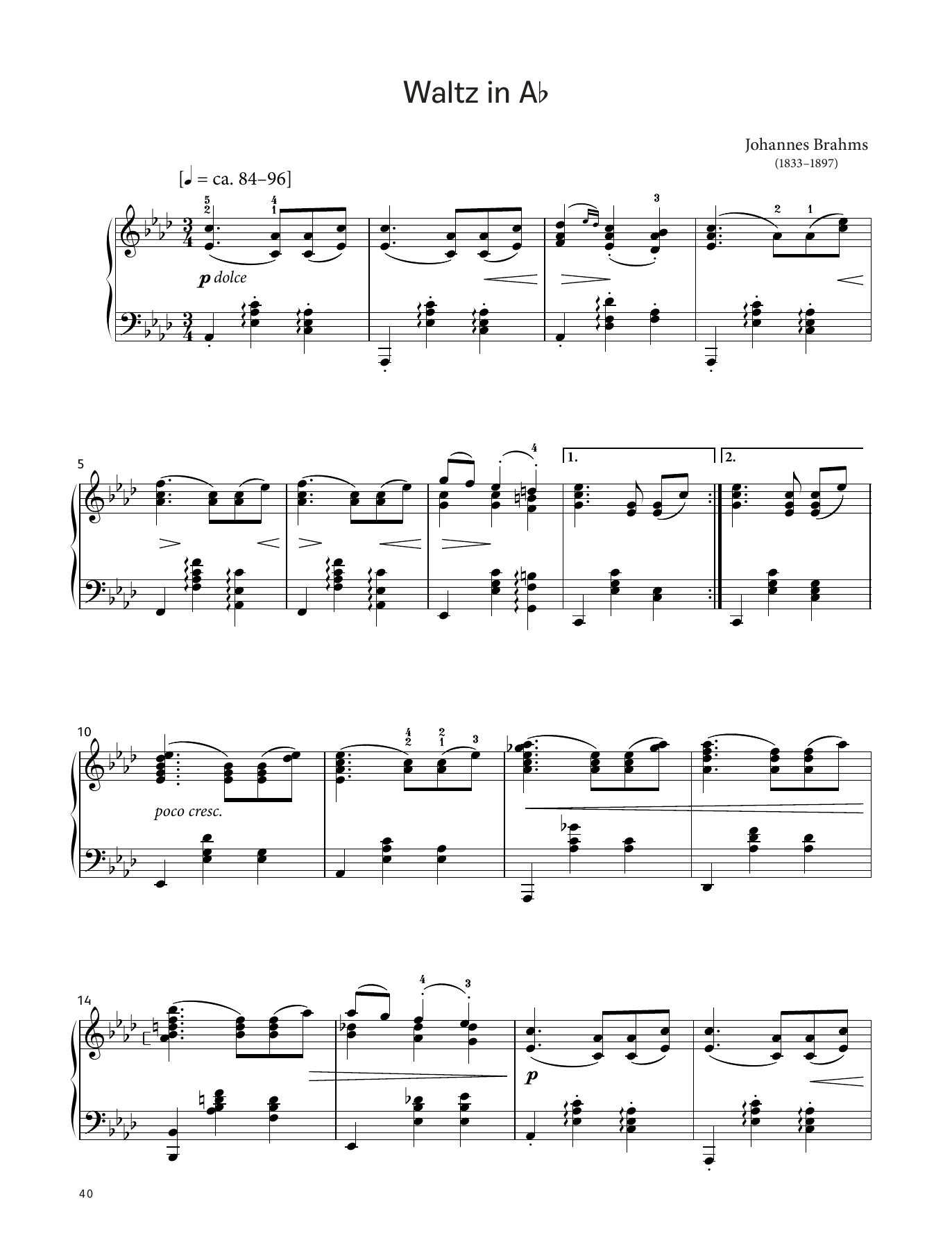 Johannes Brahms Waltz in A‑flat, Op. 39 No. 15 (LCME Piano 2018 Grade 6 List B) Sheet Music Notes & Chords for Piano Solo - Download or Print PDF
