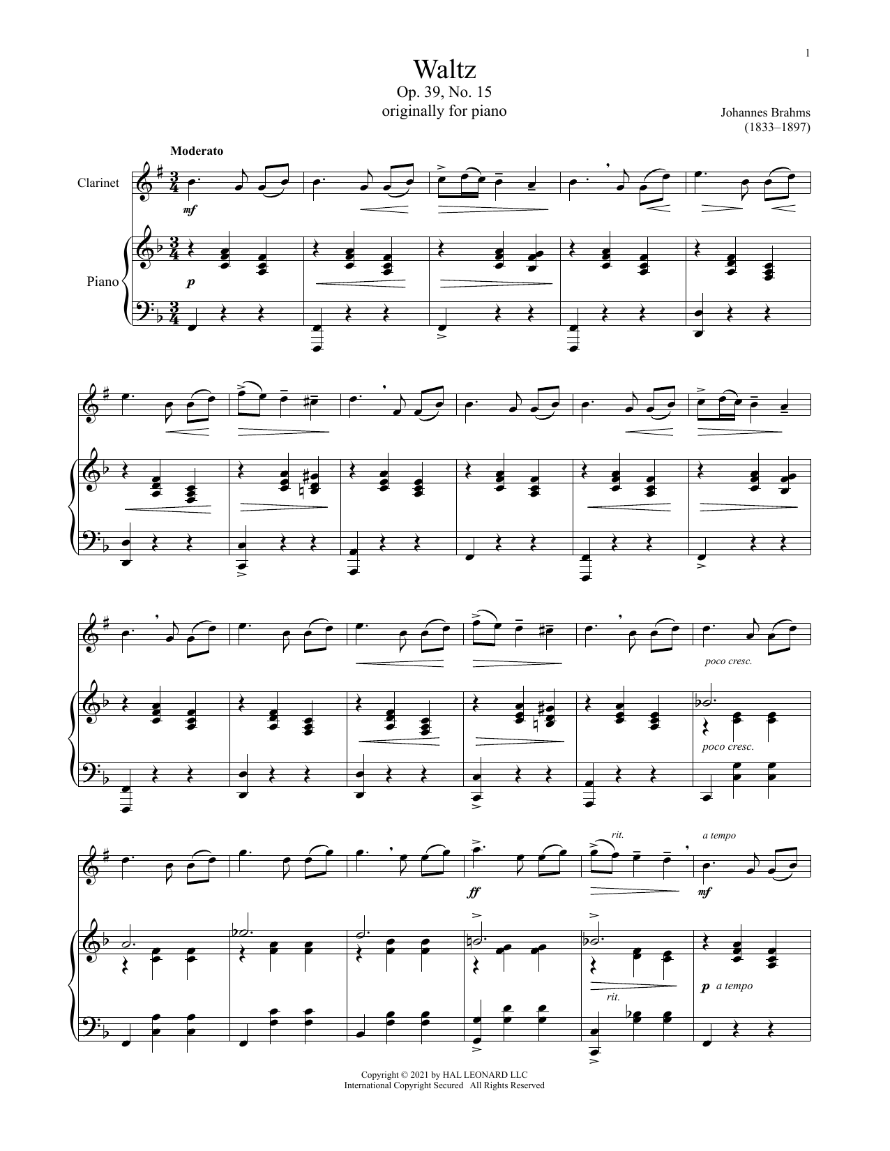Johannes Brahms Waltz In A Major, Op. 39, No. 15 Sheet Music Notes & Chords for Clarinet and Piano - Download or Print PDF