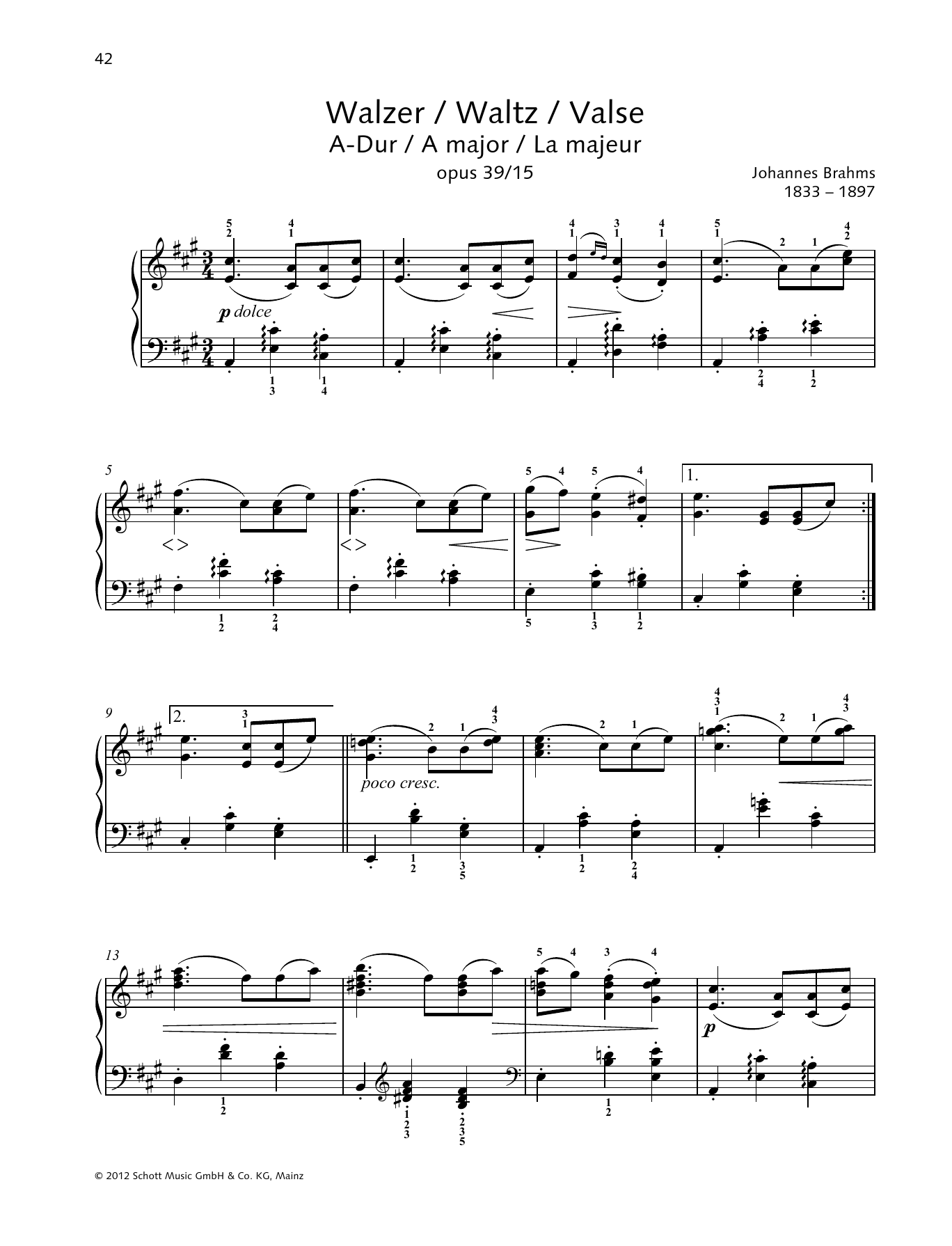 Johannes Brahms Waltz A major Sheet Music Notes & Chords for Piano Solo - Download or Print PDF Johannes Brahms Waltz A major Sheet Music Notes & Chords for Piano Solo - Download or Print PDF
