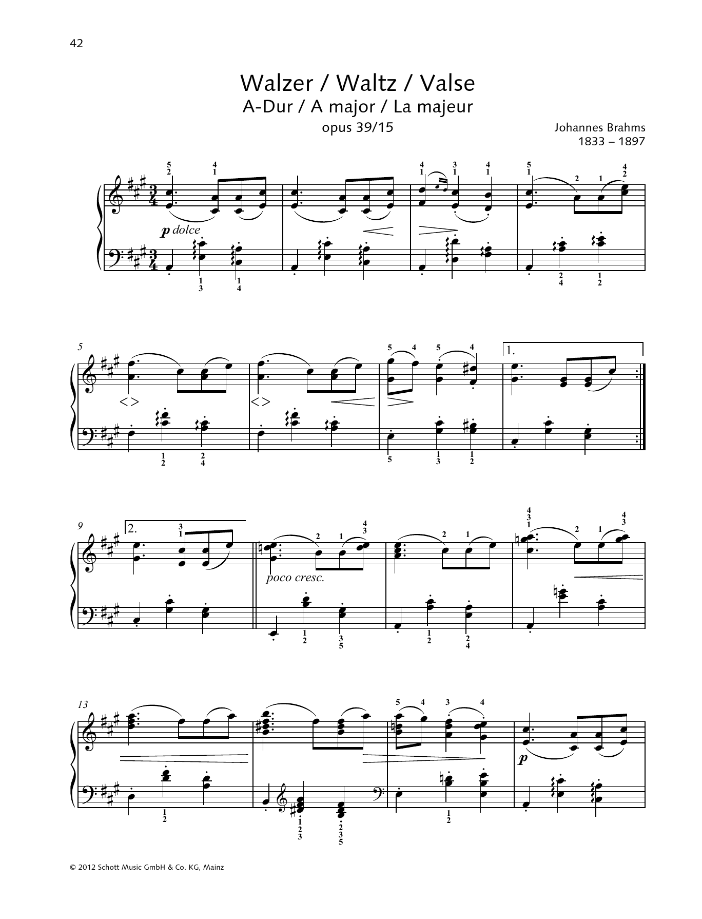 Johannes Brahms Waltz A major Sheet Music Notes & Chords for Piano Solo - Download or Print PDF