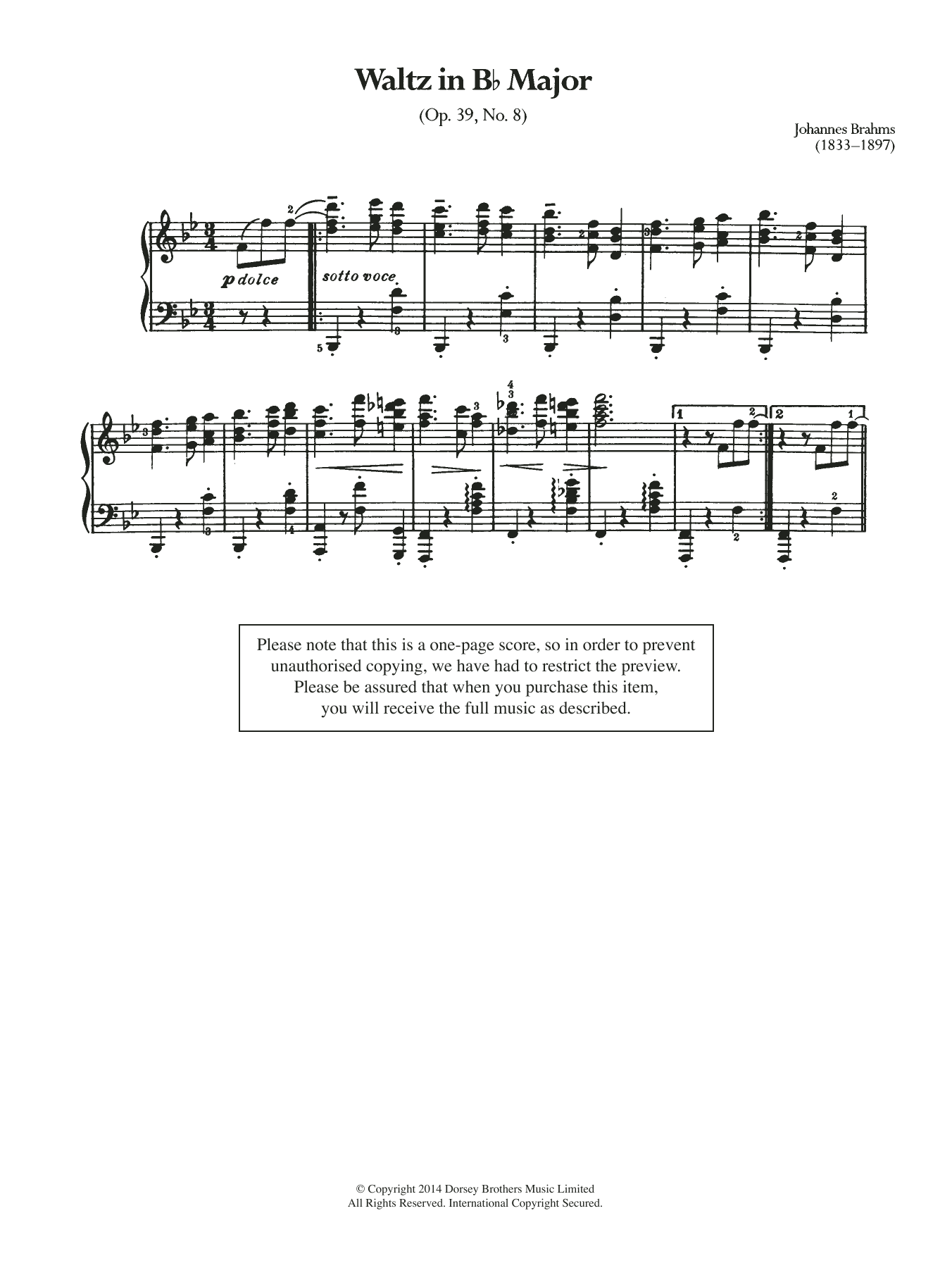 Johannes Brahms Waltz In B Flat, Op.39 No.8 Sheet Music Notes & Chords for Piano - Download or Print PDF