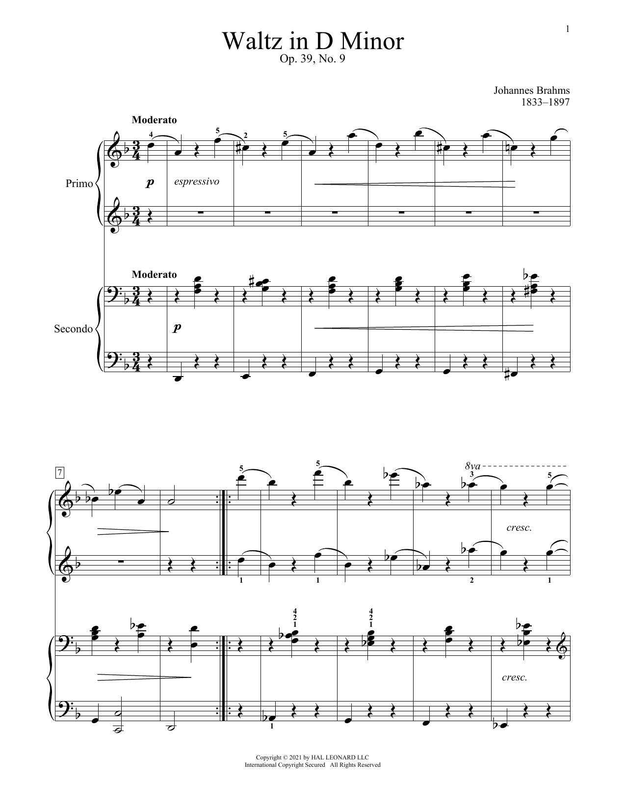 Johannes Brahms Waltz In D Minor, Op. 39, No. 9 Sheet Music Notes & Chords for Piano Duet - Download or Print PDF