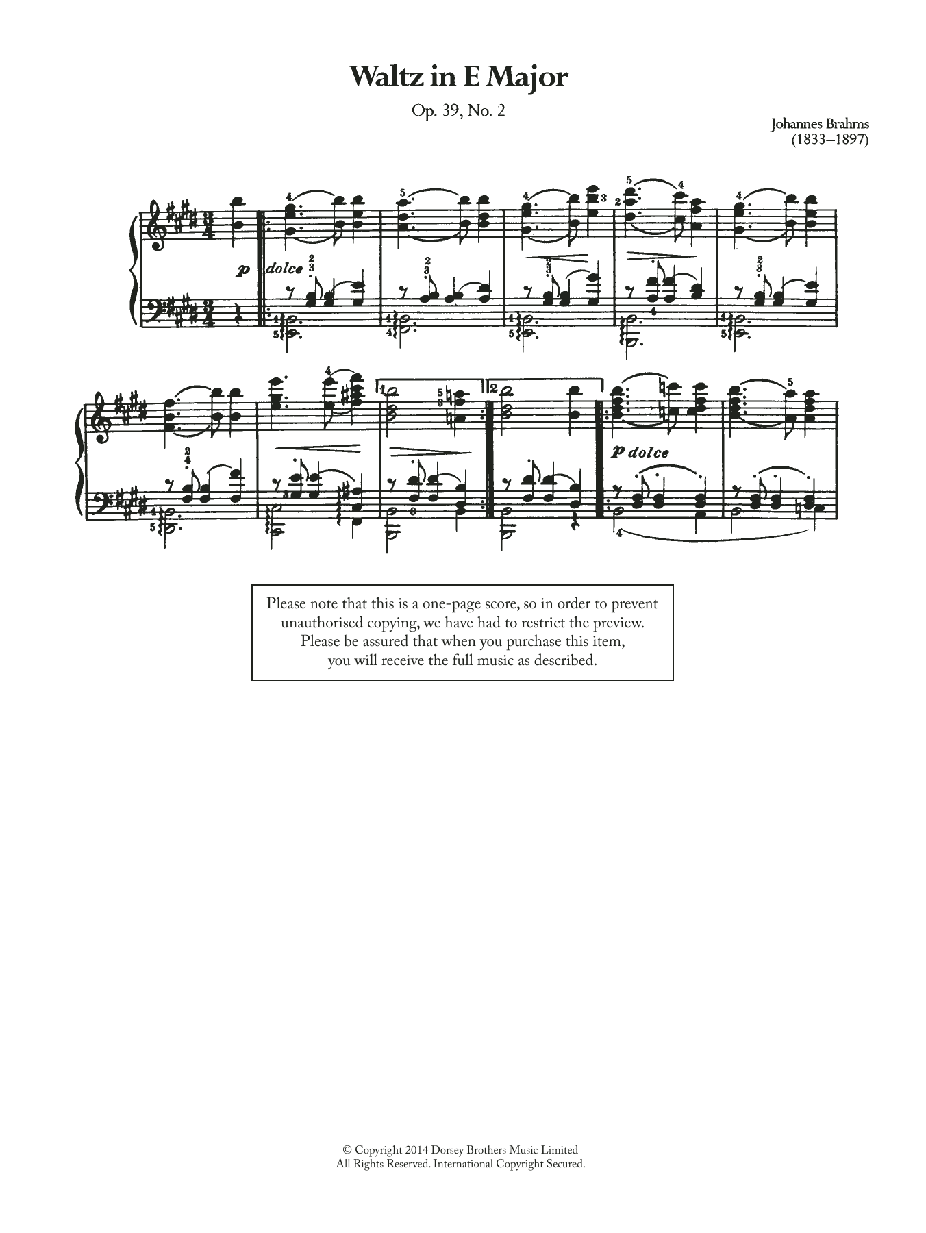 Johannes Brahms Waltz In E Major, Op.39 No.2 Sheet Music Notes & Chords for Piano - Download or Print PDF