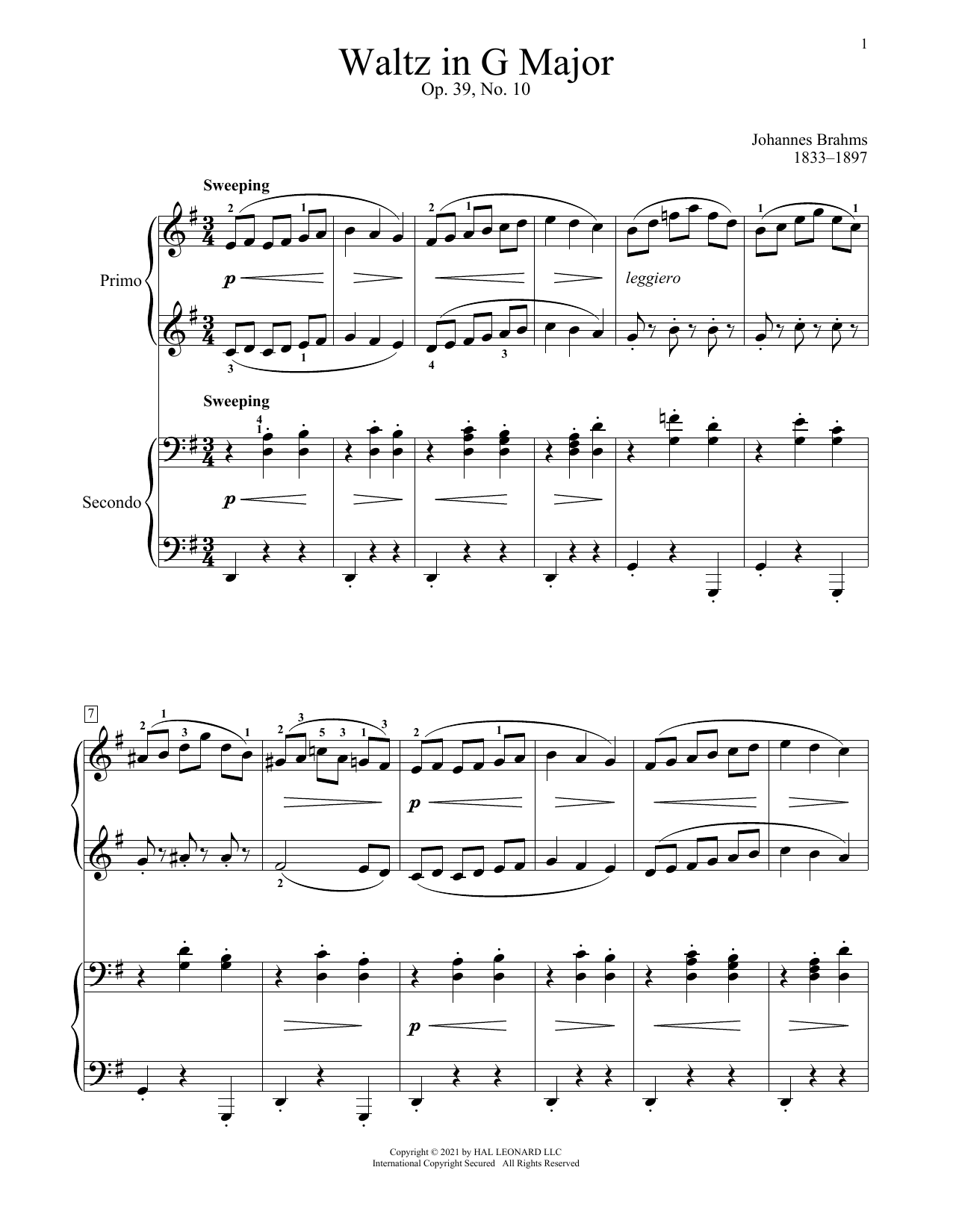 Johannes Brahms Waltz In G Major, Op. 39, No. 10 Sheet Music Notes & Chords for Piano Duet - Download or Print PDF
