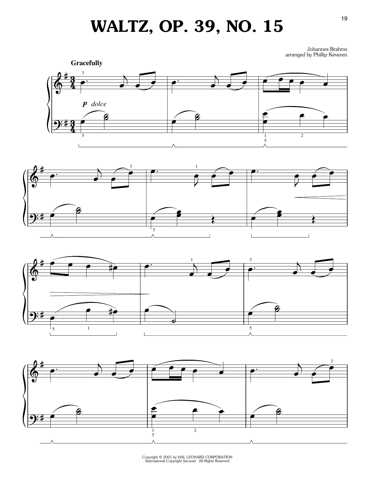 Johannes Brahms Waltz, Op. 39 (arr. Phillip Keveren) Sheet Music Notes & Chords for Easy Piano - Download or Print PDF