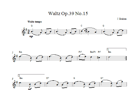 Johannes Brahms Waltz No. 15, Op. 39 Sheet Music Notes & Chords for Piano - Download or Print PDF