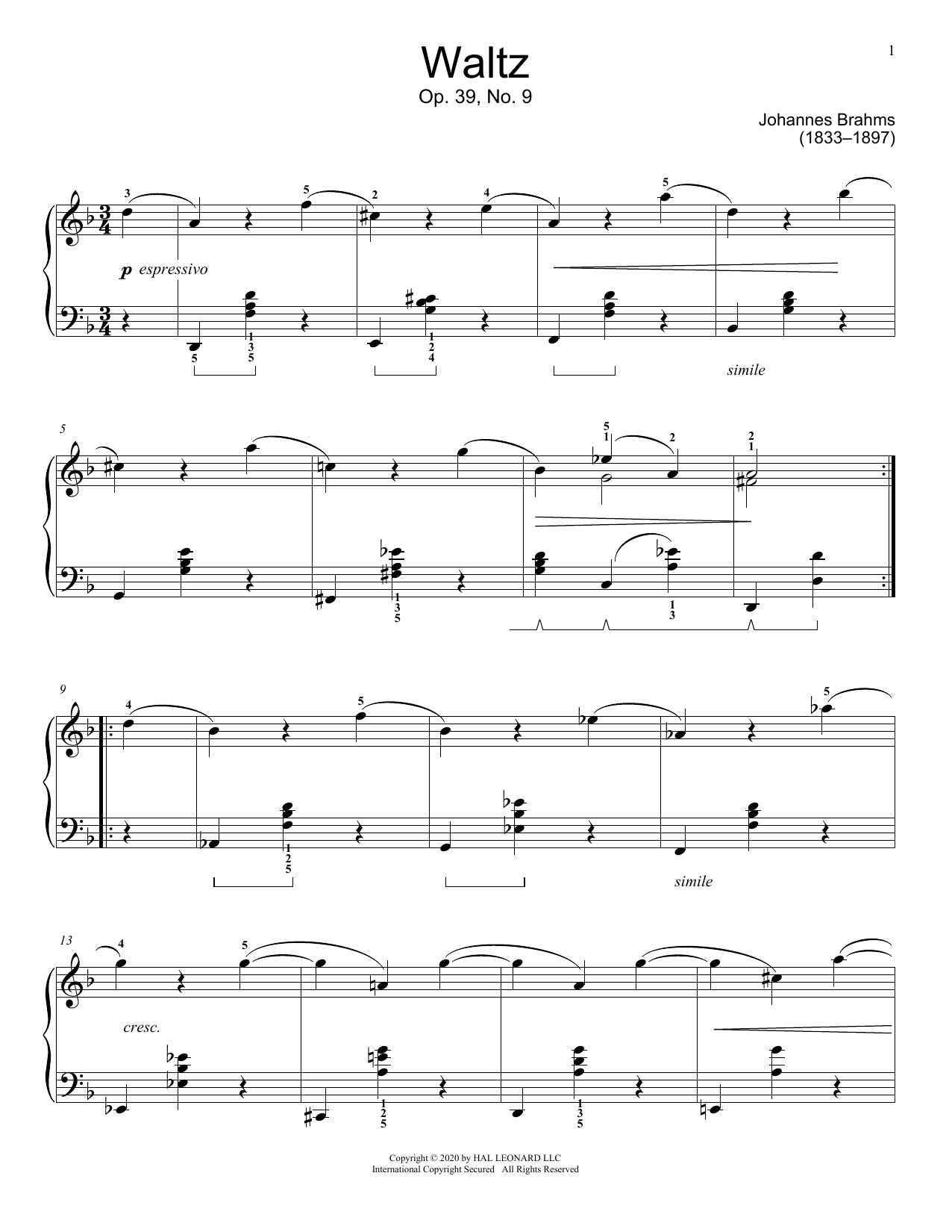 Johannes Brahms Waltz, Op. 39, No. 9 Sheet Music Notes & Chords for Educational Piano - Download or Print PDF