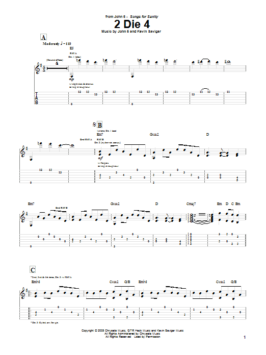John 5 2 Die 4 Sheet Music Notes & Chords for Guitar Tab - Download or Print PDF