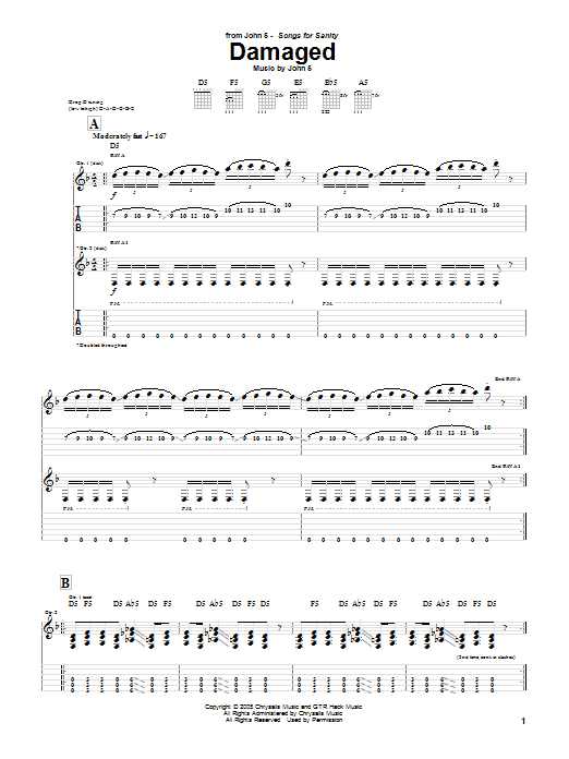 John 5 Damaged Sheet Music Notes & Chords for Guitar Tab - Download or Print PDF
