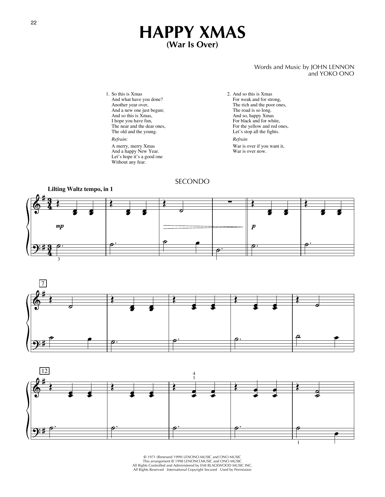 John & Yoko Ono w/Harlem Comm. Happy Xmas (War Is Over) Sheet Music Notes & Chords for Piano Duet - Download or Print PDF