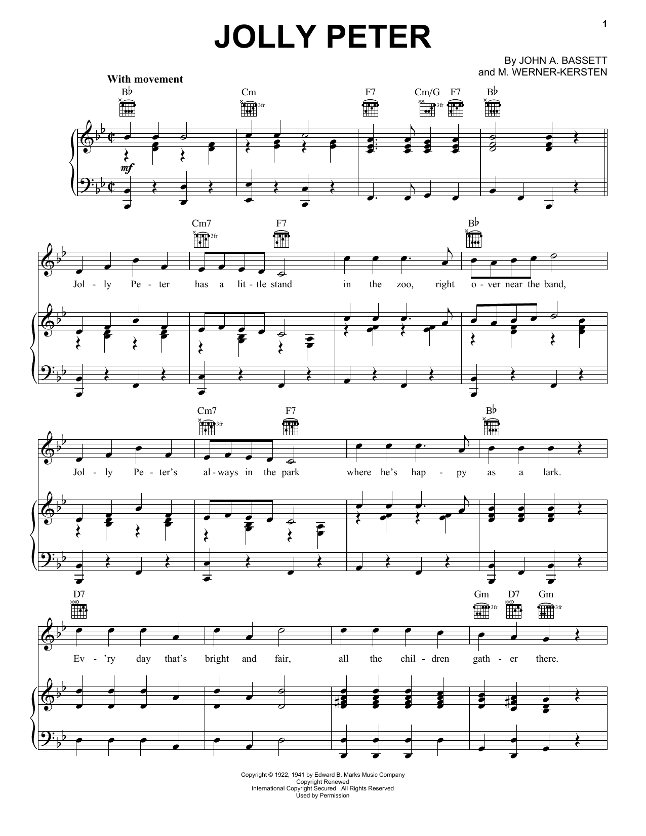 John A. Bassett Jolly Peter Sheet Music Notes & Chords for Piano, Vocal & Guitar (Right-Hand Melody) - Download or Print PDF