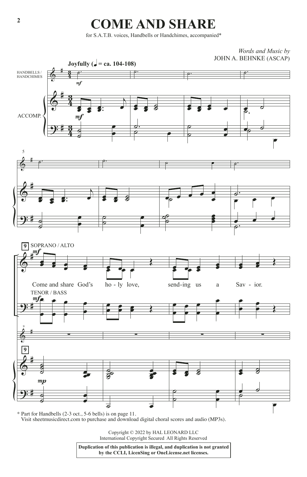 John A. Behnke Come And Share Sheet Music Notes & Chords for SATB Choir - Download or Print PDF