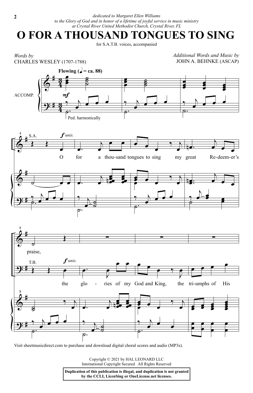 John A. Behnke O For A Thousand Tongues To Sing Sheet Music Notes & Chords for SATB Choir - Download or Print PDF