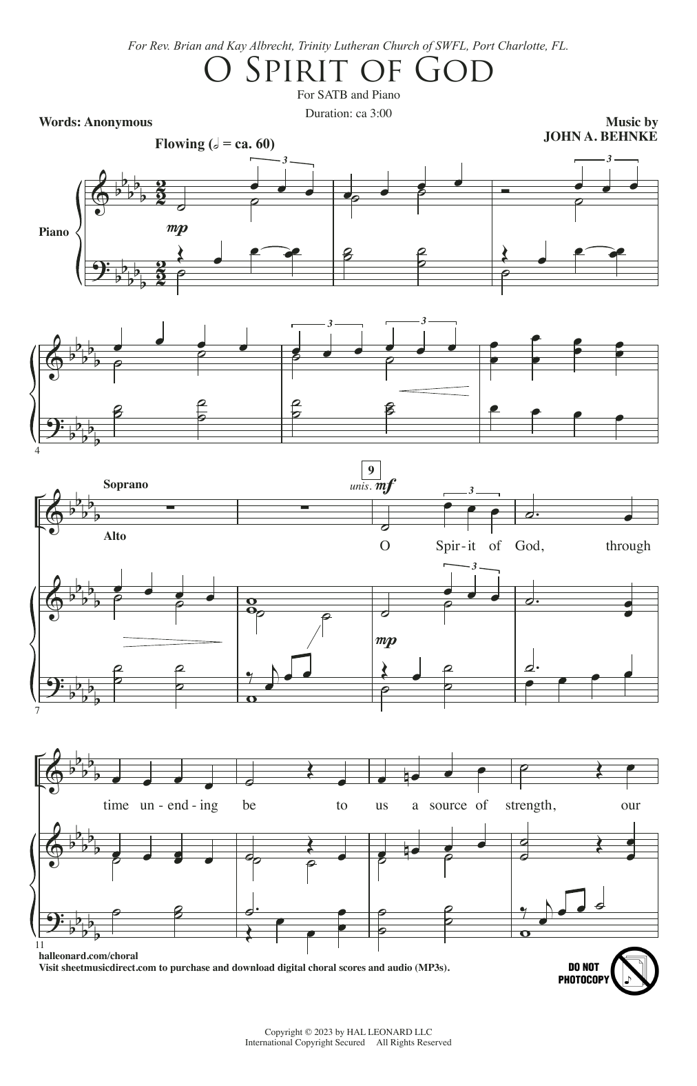 John A. Behnke O Spirit Of God Sheet Music Notes & Chords for SATB Choir - Download or Print PDF