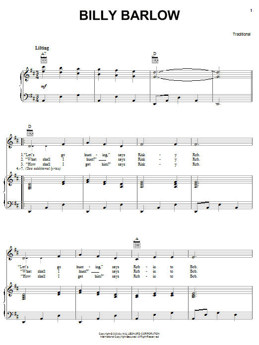 John A. Lomax Billy Barlow Sheet Music Notes & Chords for Piano, Vocal & Guitar (Right-Hand Melody) - Download or Print PDF