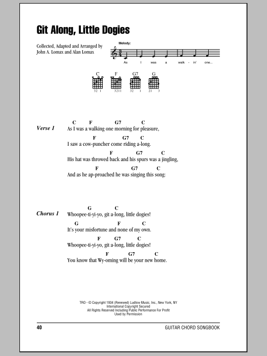 John A. Lomax Git Along, Little Dogies Sheet Music Notes & Chords for Lyrics & Chords - Download or Print PDF