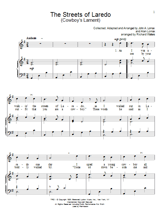 John A. Lomax The Streets Of Laredo Sheet Music Notes & Chords for Piano & Vocal - Download or Print PDF