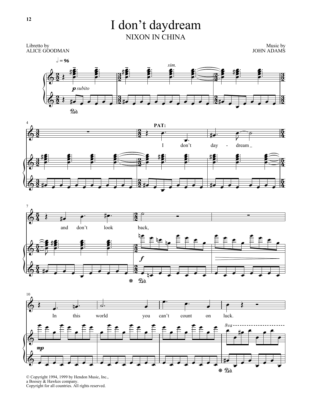John Adams I don't daydream (from Nixon In China) Sheet Music Notes & Chords for Piano & Vocal - Download or Print PDF