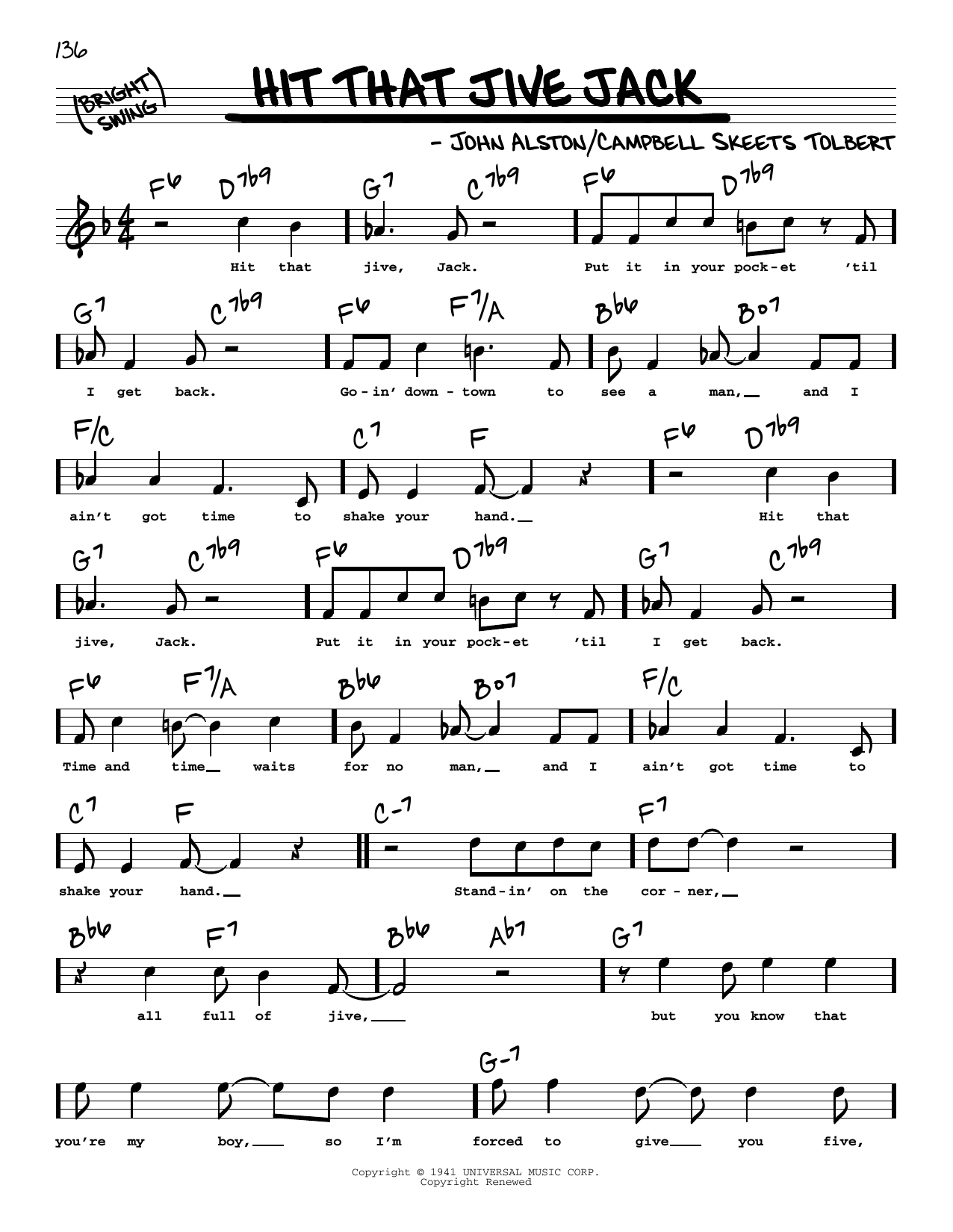 John Alston Hit That Jive Jack (High Voice) Sheet Music Notes & Chords for Real Book – Melody, Lyrics & Chords - Download or Print PDF