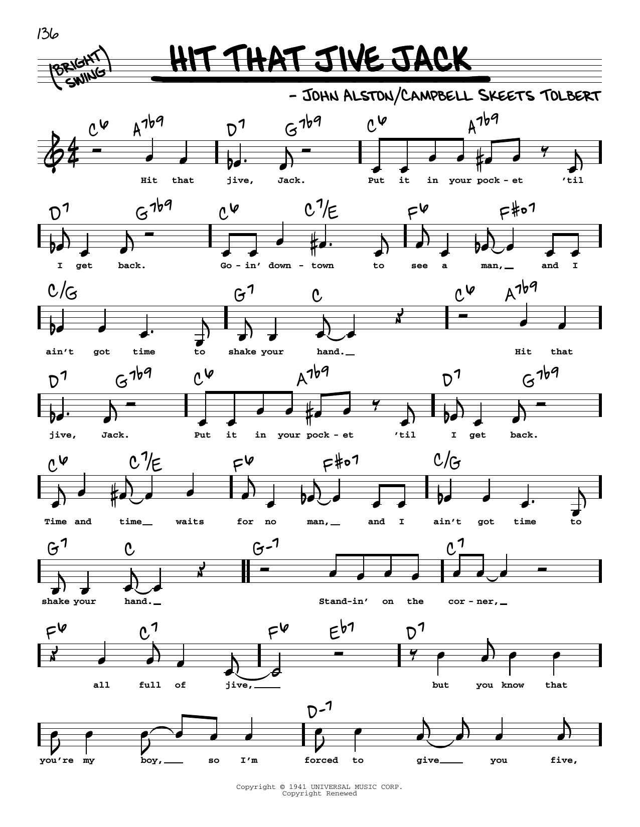 John Alston Hit That Jive Jack (Low Voice) Sheet Music Notes & Chords for Real Book – Melody, Lyrics & Chords - Download or Print PDF John Alston Hit That Jive Jack (Low Voice) Sheet Music Notes & Chords for Real Book – Melody, Lyrics & Chords - Download or Print PDF