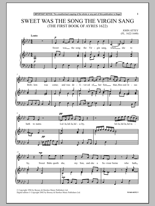 John Attey Sweet Was The Song The Virgin Sang (The First Book Of Ayres 1622) Sheet Music Notes & Chords for Piano & Vocal - Download or Print PDF