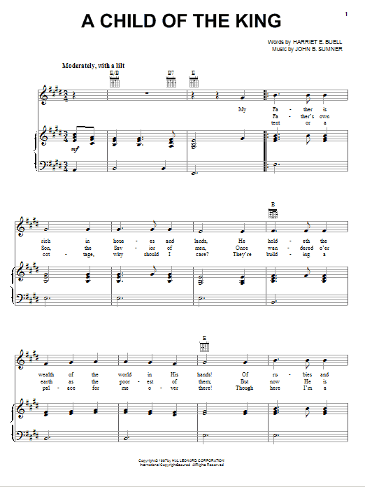 John B. Sumner A Child Of The King Sheet Music Notes & Chords for Piano, Vocal & Guitar (Right-Hand Melody) - Download or Print PDF