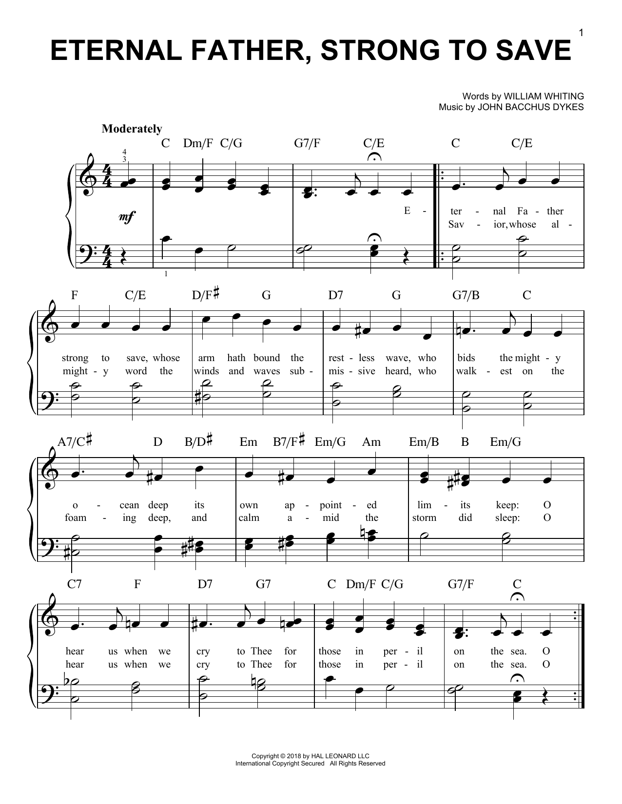John Bacchus Dykes Eternal Father, Strong To Save Sheet Music Notes & Chords for Easy Piano - Download or Print PDF