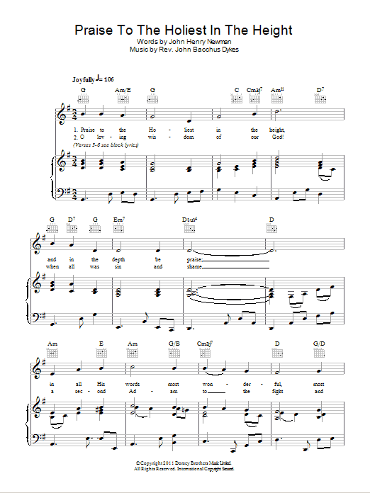 John Bacchus Dykes Praise To The Holiest In The Heights Sheet Music Notes & Chords for Piano, Vocal & Guitar (Right-Hand Melody) - Download or Print PDF