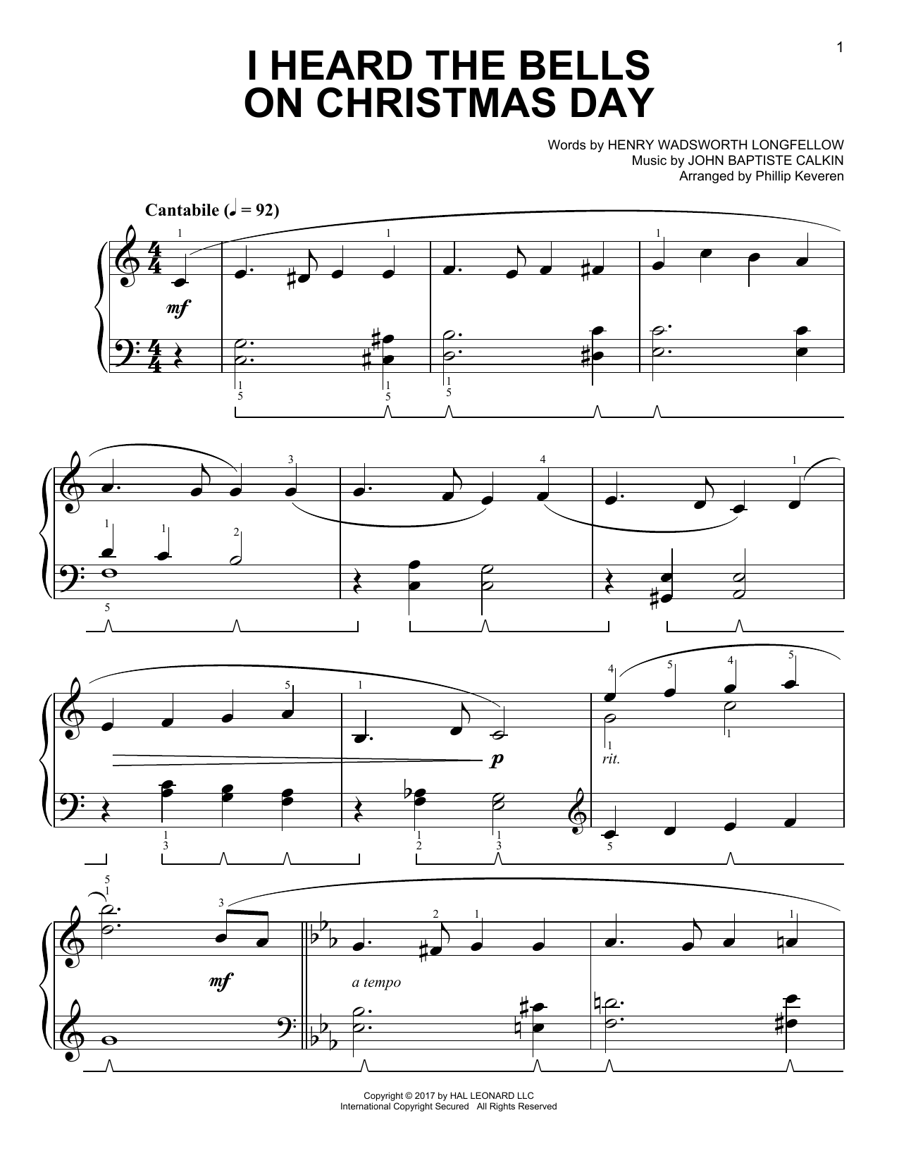 John Baptiste Calkin I Heard The Bells On Christmas Day [Classical version] (arr. Phillip Keveren) Sheet Music Notes & Chords for Easy Piano - Download or Print PDF
