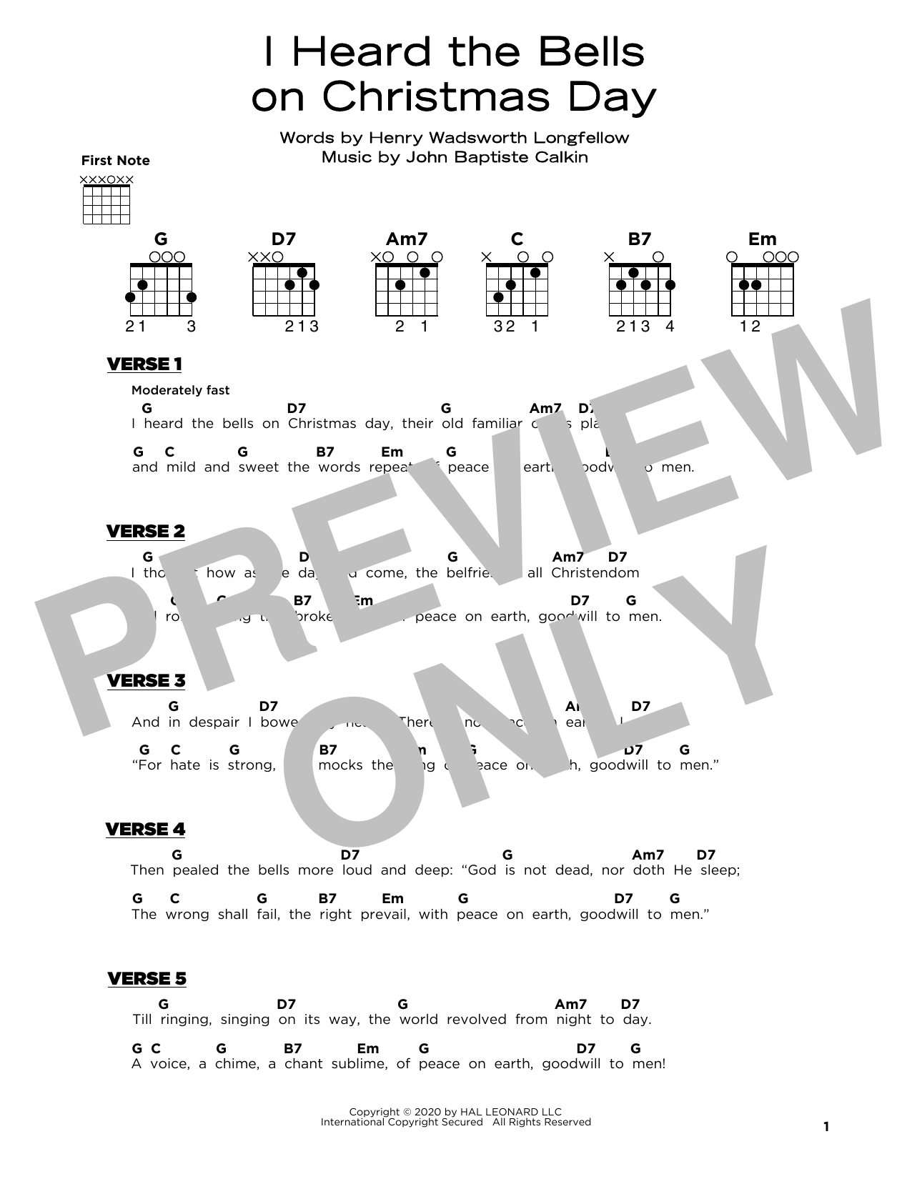 John Baptiste Calkin I Heard The Bells On Christmas Day Sheet Music Notes & Chords for Really Easy Guitar - Download or Print PDF