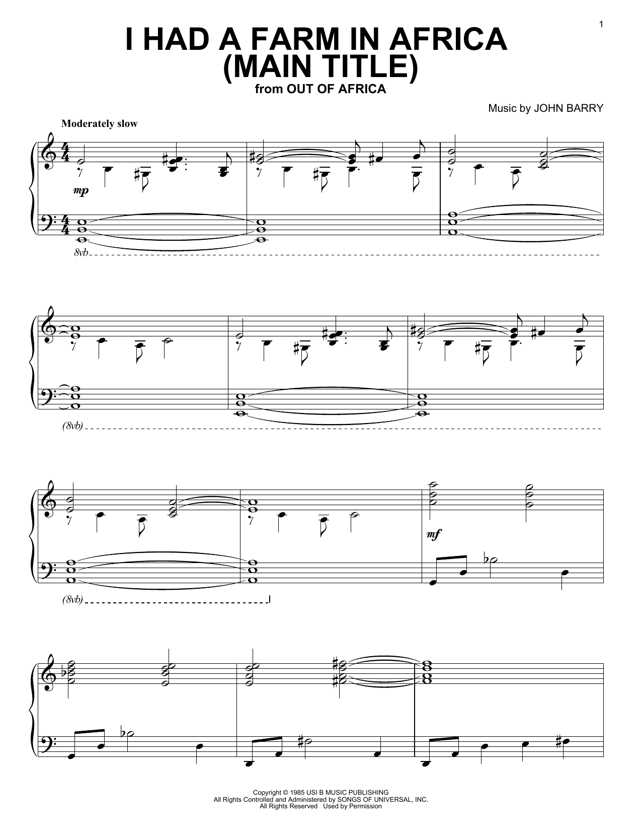 John Barry Out Of Africa (Main Title - I Had A Farm In Africa) Sheet Music Notes & Chords for Piano - Download or Print PDF