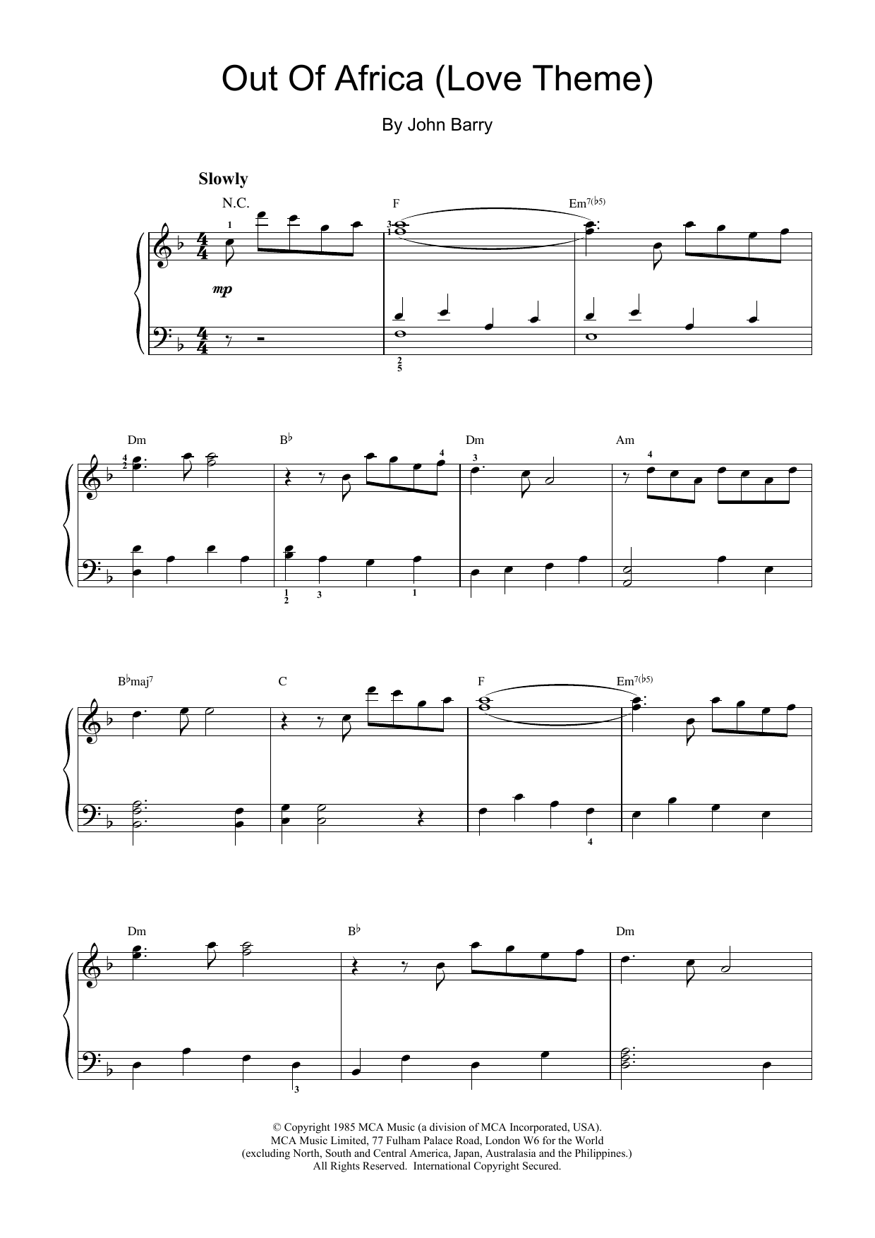 John Barry Out Of Africa (Love Theme) Sheet Music Notes & Chords for Keyboard - Download or Print PDF