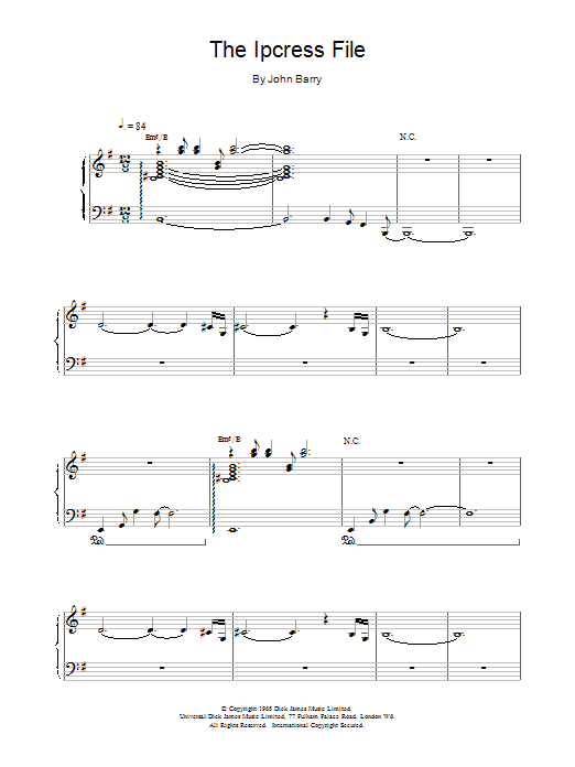 John Barry The Ipcress File Sheet Music Notes & Chords for Piano - Download or Print PDF