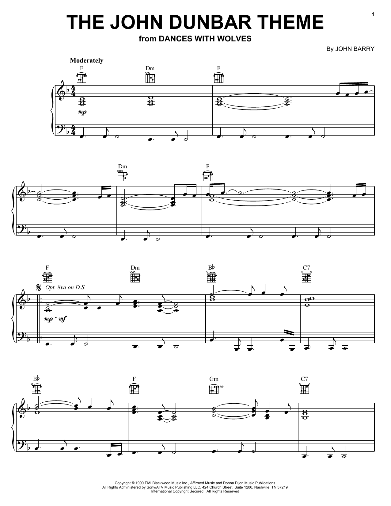 John Barry The John Dunbar Theme (from Dances With Wolves) Sheet Music Notes & Chords for Piano - Download or Print PDF