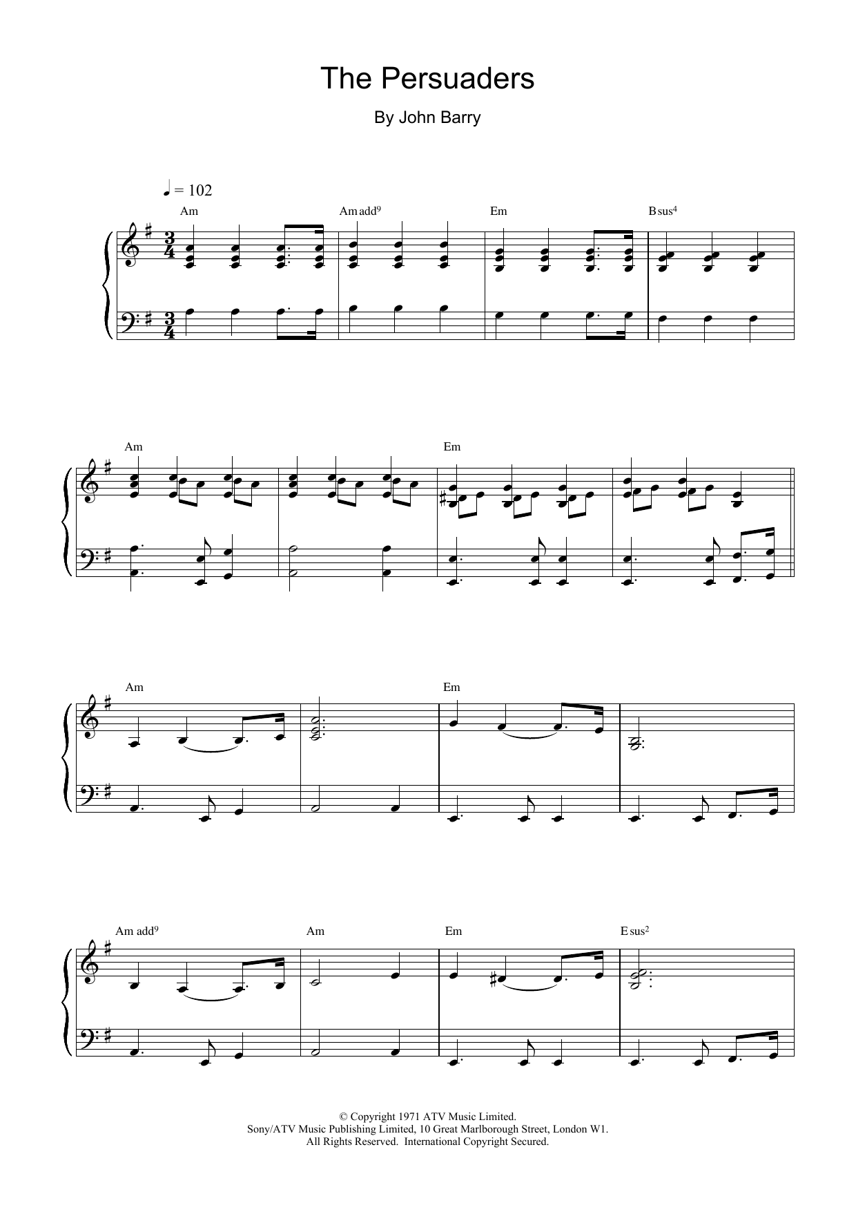 John Barry The Persuaders Sheet Music Notes & Chords for Piano - Download or Print PDF