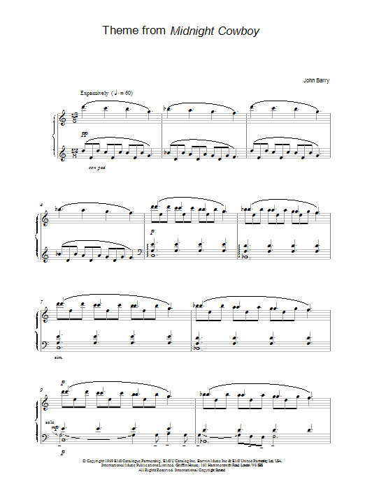 John Barry Theme from Midnight Cowboy Sheet Music Notes & Chords for Piano - Download or Print PDF