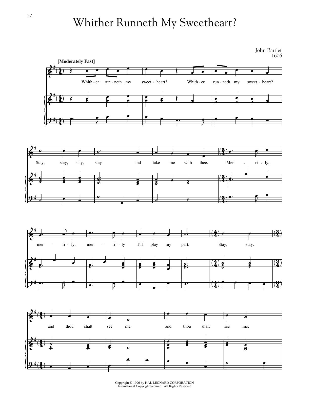 John Bartlet Whither Runneth My Sweetheart? Sheet Music Notes & Chords for Piano & Vocal - Download or Print PDF