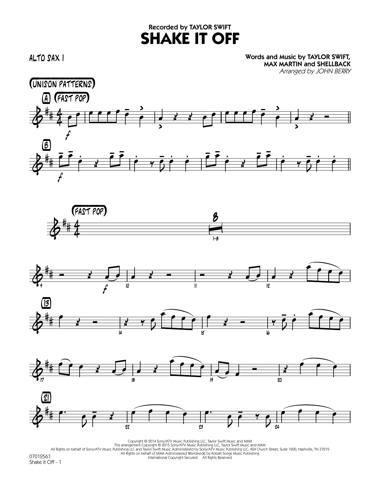 John Berry Shake It Off - Alto Sax 1 Sheet Music Notes & Chords for Jazz Ensemble - Download or Print PDF