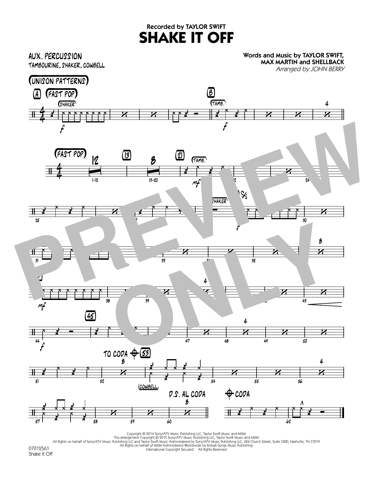 John Berry Shake It Off - Aux Percussion Sheet Music Notes & Chords for Jazz Ensemble - Download or Print PDF