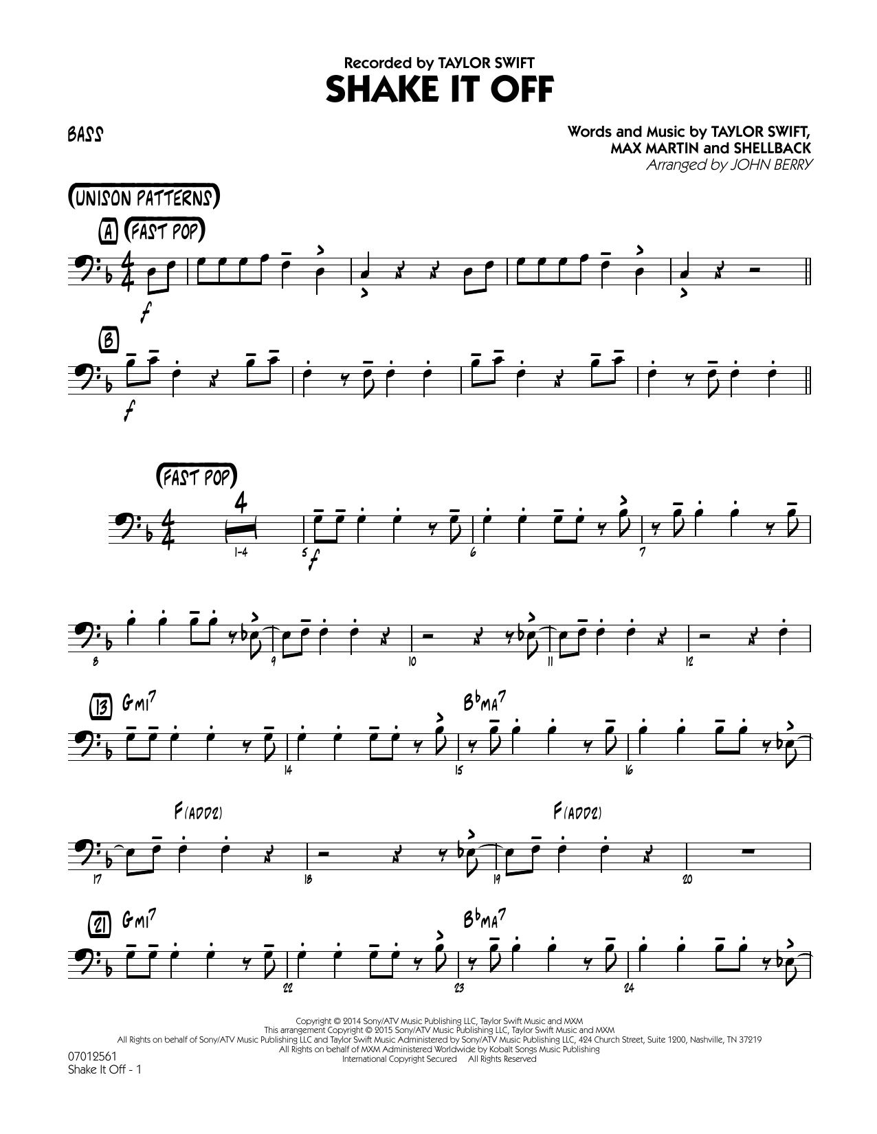 John Berry Shake It Off - Bass Sheet Music Notes & Chords for Jazz Ensemble - Download or Print PDF