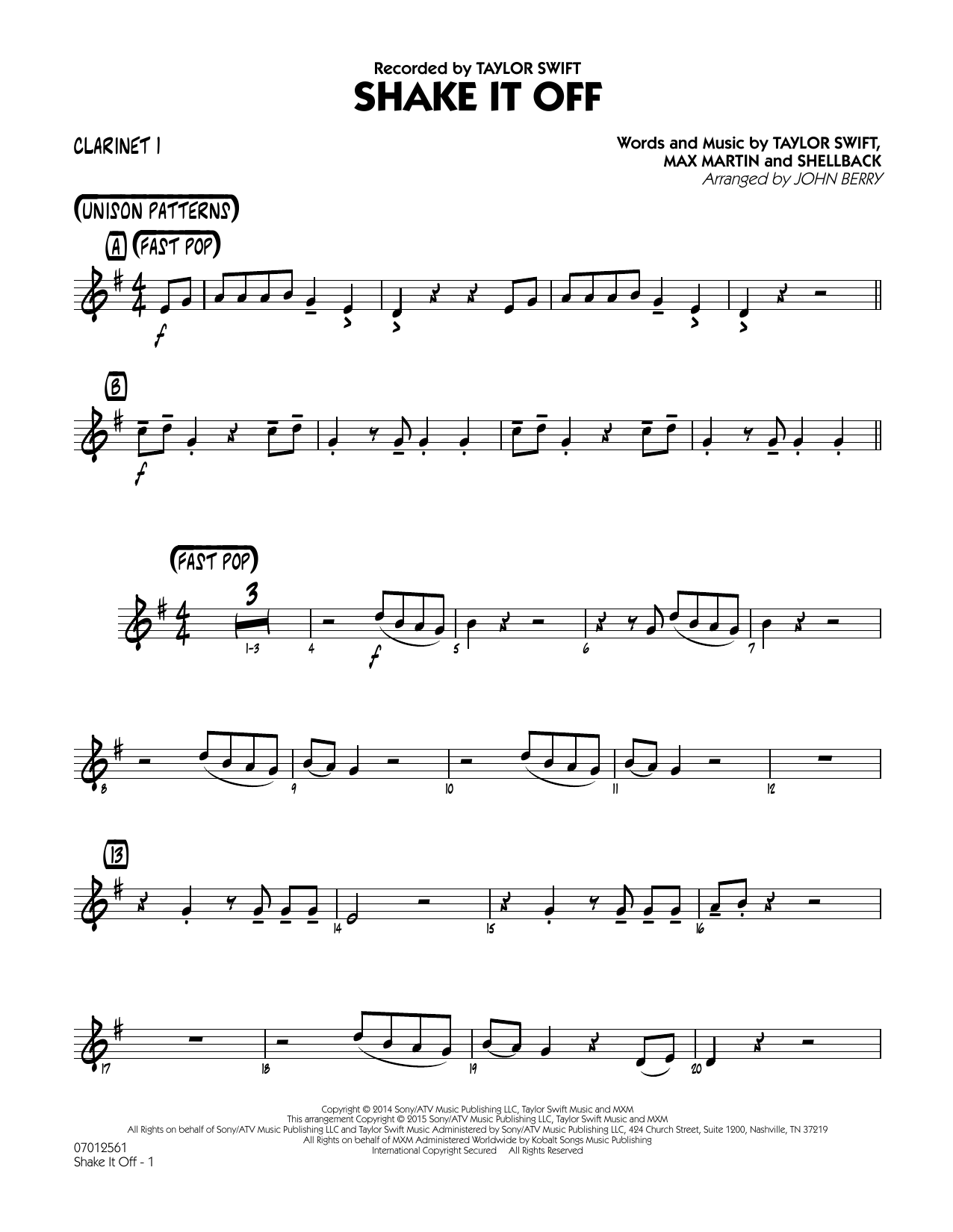 John Berry Shake It Off - Bb Clarinet 1 Sheet Music Notes & Chords for Jazz Ensemble - Download or Print PDF
