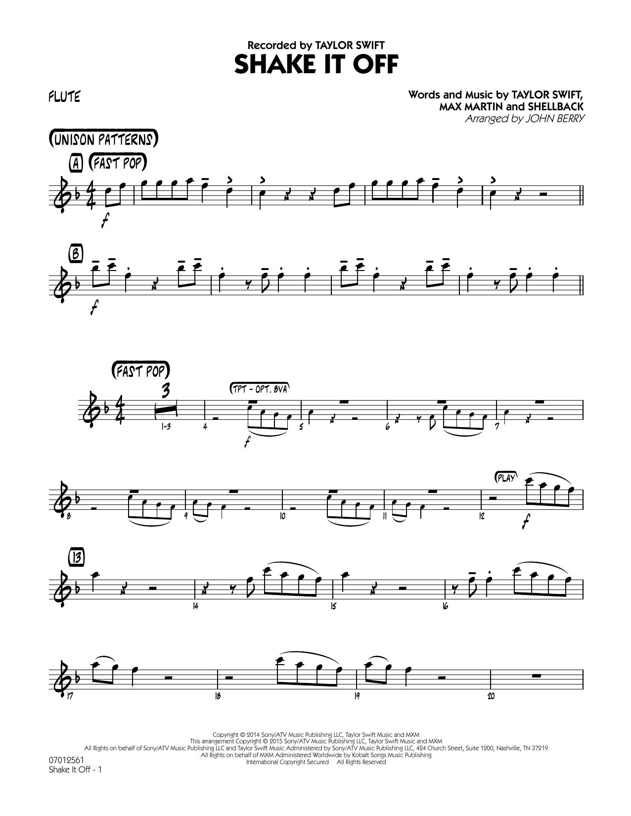 John Berry Shake It Off - Flute Sheet Music Notes & Chords for Jazz Ensemble - Download or Print PDF
