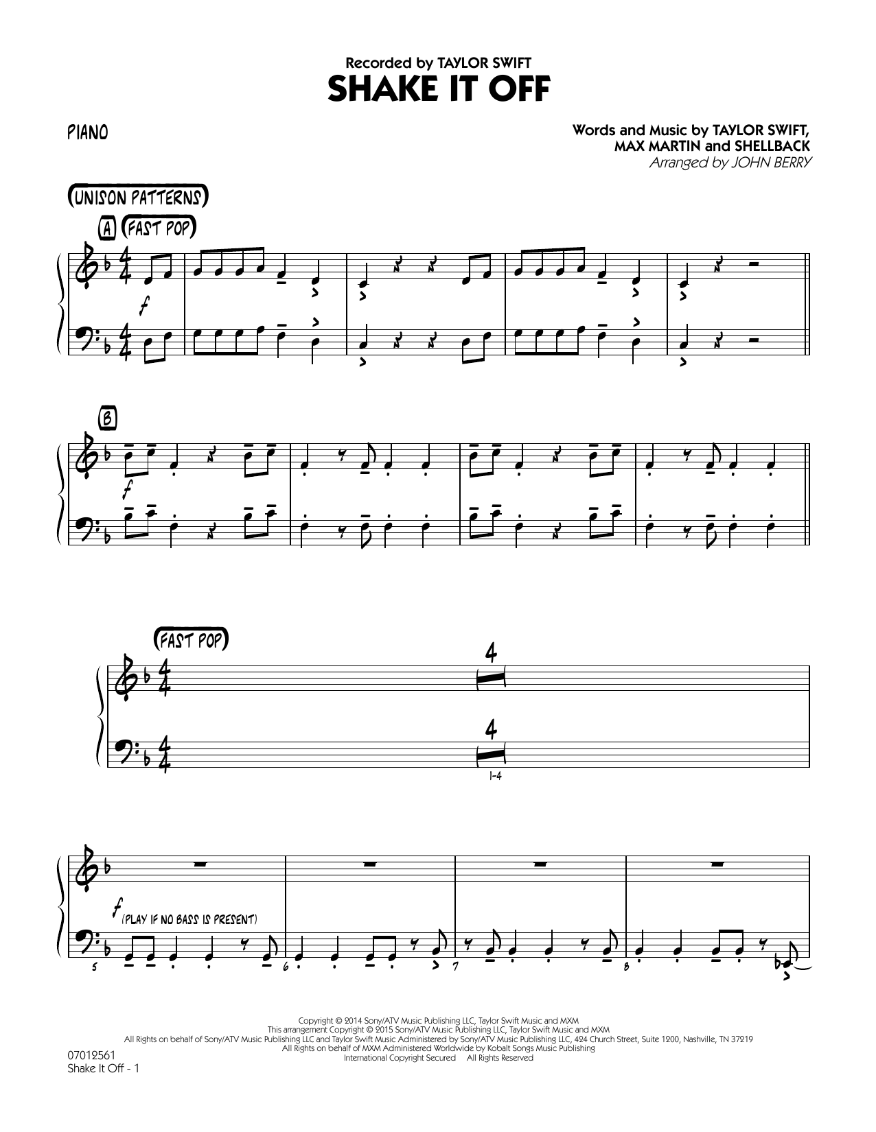 John Berry Shake It Off - Piano Sheet Music Notes & Chords for Jazz Ensemble - Download or Print PDF