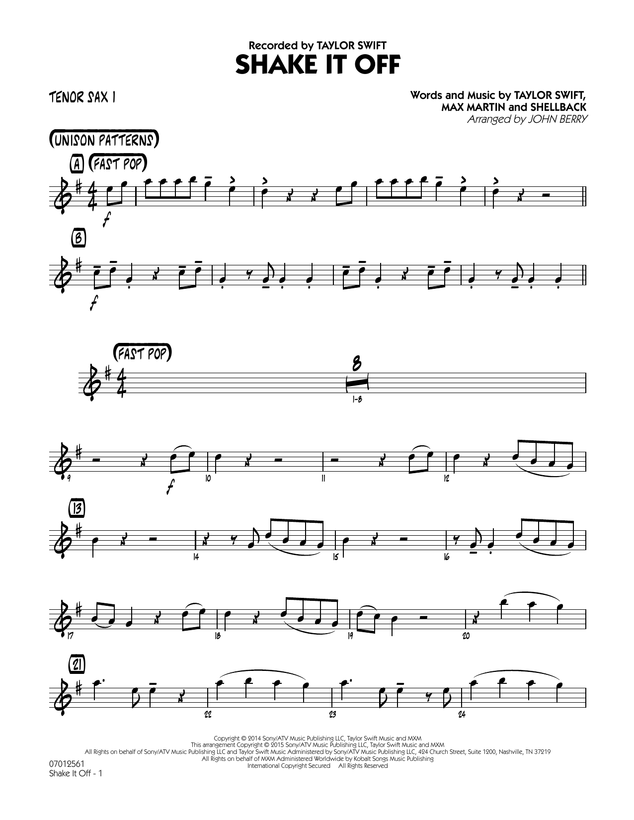 John Berry Shake It Off - Tenor Sax 1 Sheet Music Notes & Chords for Jazz Ensemble - Download or Print PDF