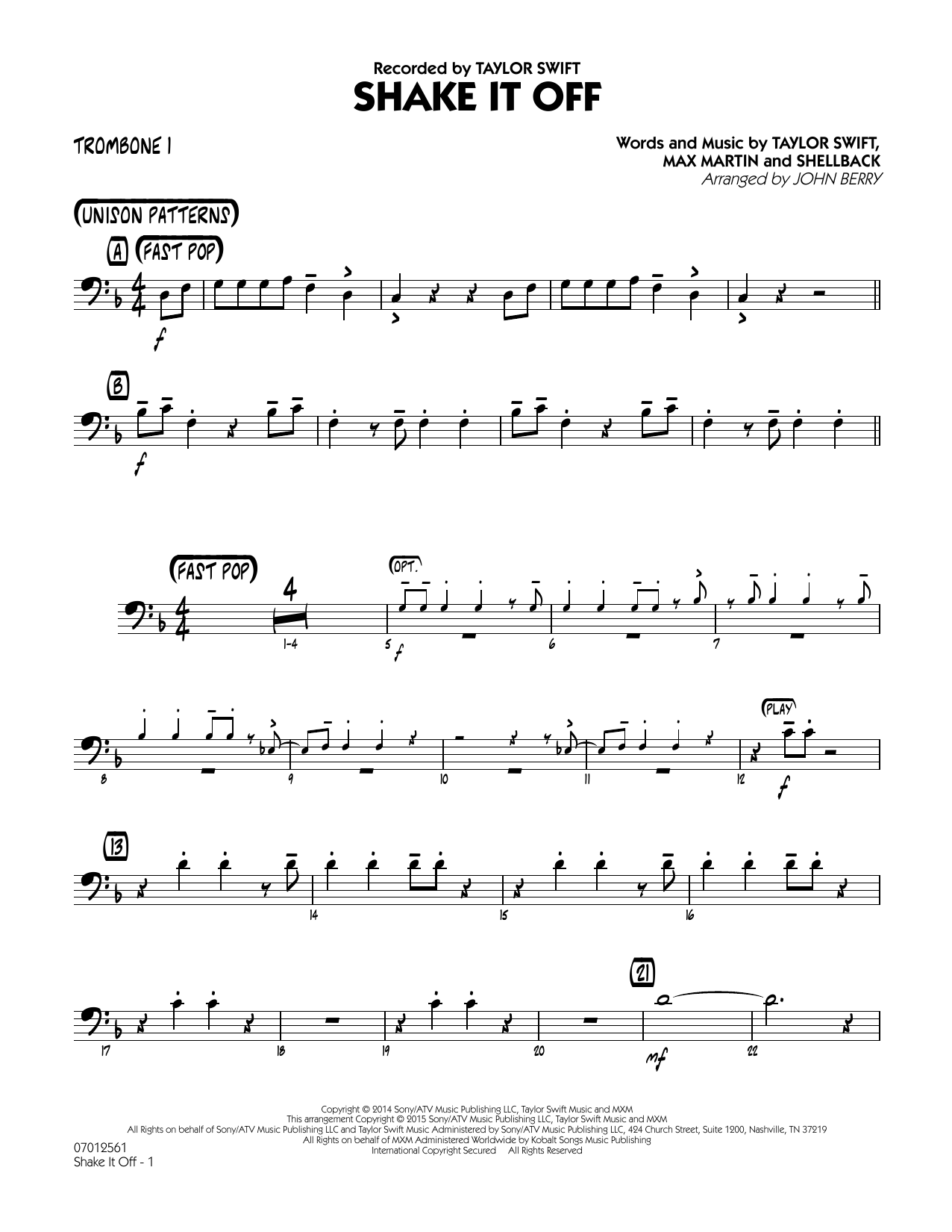 John Berry Shake It Off - Trombone 1 Sheet Music Notes & Chords for Jazz Ensemble - Download or Print PDF