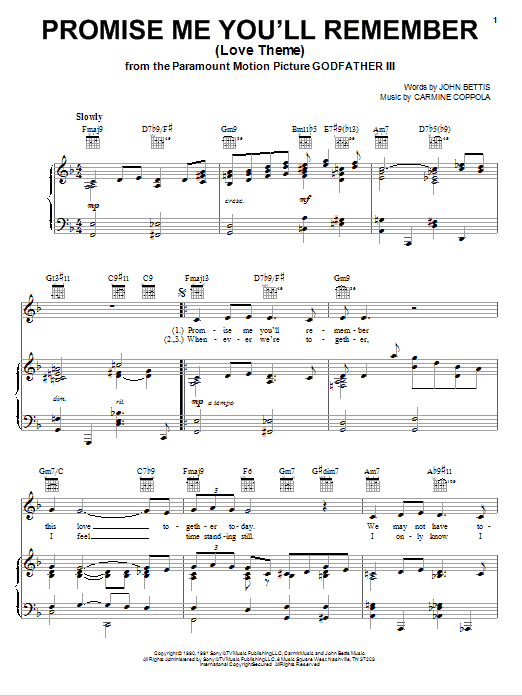 John Bettis Promise Me You'll Remember (Love Theme) Sheet Music Notes & Chords for Piano, Vocal & Guitar (Right-Hand Melody) - Download or Print PDF John Bettis Promise Me You'll Remember (Love Theme) Sheet Music Notes & Chords for Piano, Vocal & Guitar (Right-Hand Melody) - Download or Print PDF
